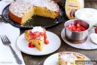 Gluten Free Golden Honey Cornmeal Cake with Strawberry Swirl and Honey Cloud Topping