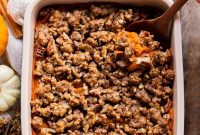 Velvety Vegan Sweet Potato Casserole with a Crispy Gluten-Free Pecan Topping