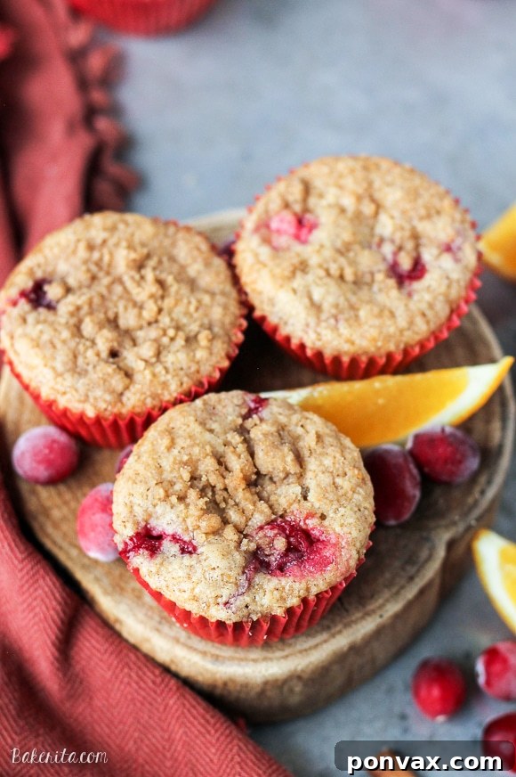Delicious Vegan Cranberry Orange Muffins with a sweet crumble topping, showcasing the vibrant cranberries and soft texture.