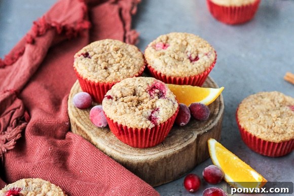 Close-up of fluffy Vegan Cranberry Orange Muffins, highlighting the orange zest and juicy cranberries.