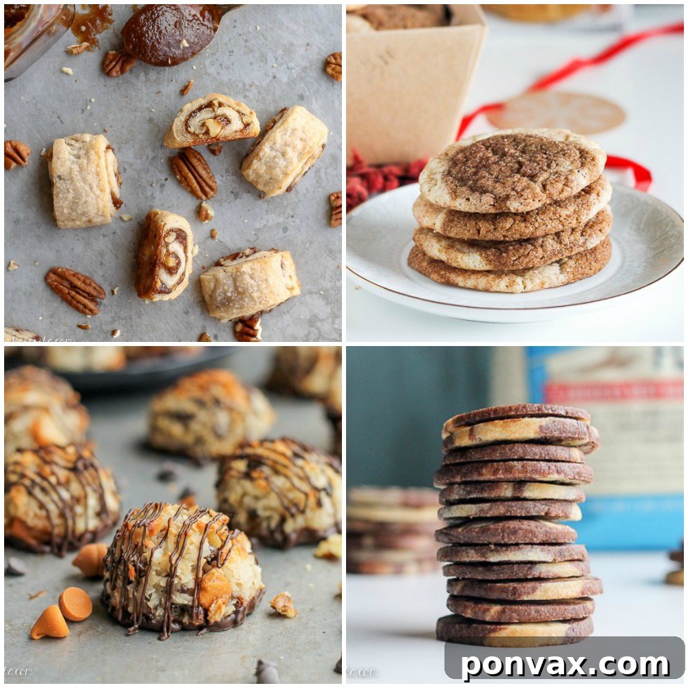 Variety of Holiday Cookies: Rugelach, Snickerdoodles, Macaroons, Icebox Cookies A collection of four diverse holiday cookie types, including Apple Butter Rugelach and Gingerbread Snickerdoodles