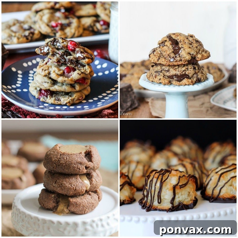 Diverse Holiday Cookie Selection: Cranberry, Paleo, Thumbprint, Macaroons A quadrant of holiday cookies featuring Cranberry, Paleo Chocolate Chip, Almond Butter Thumbprint, and Coconut Macaroons