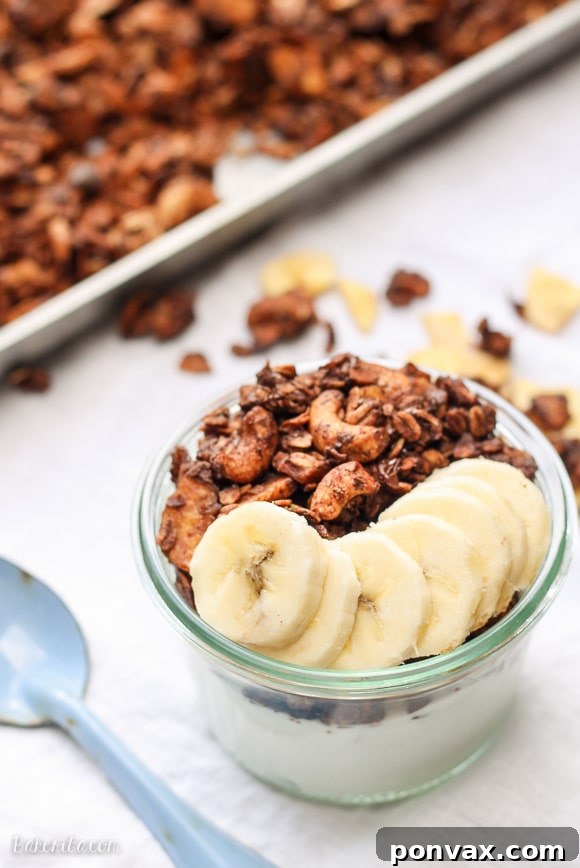 Golden Banana Chocolate Crunch 2 Super chocolatey and snackable Chocolate Banana Granola, made with both mashed banana and banana chips. This gluten-free and vegan granola makes a super addictive snack or breakfast.