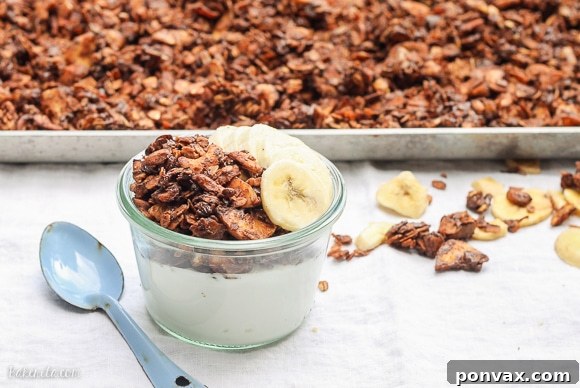 Golden Banana Chocolate Crunch 4 Delightfully chocolatey and crunchy Chocolate Banana Granola, made with mashed banana and banana chips. A perfect gluten-free and vegan breakfast or snack option.