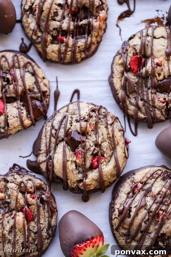 Strawberry Chocolate Indulgence Cookies 2 Soft and chewy chocolate chip cookies with freeze-dried strawberries, dipped and drizzled in dark chocolate, perfect for a gourmet dessert.