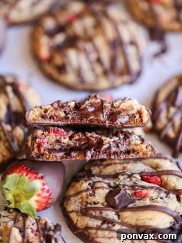 Strawberry Chocolate Indulgence Cookies 7 These Chocolate-Dipped Strawberry Chocolate Chip Cookies are soft + chewy cookies full of freeze dried strawberries and chocolate chunks, dipped and drizzled with dark chocolate.