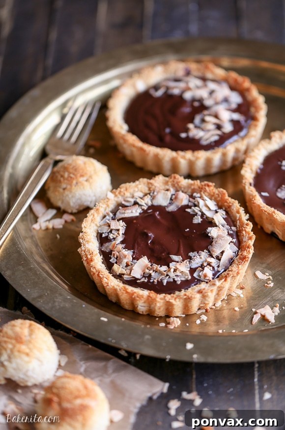 Chocolate Coconut Ganache Dream Tarts 5 Overhead view of a prepared Chocolate Ganache Tart with Coconut Macaroon Crust, ready to be enjoyed