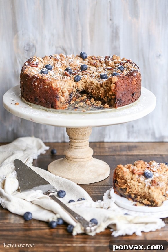 This Blueberry Crumb Cake features a delicious cake base studded with fresh blueberries, ready to be topped with streusel.
