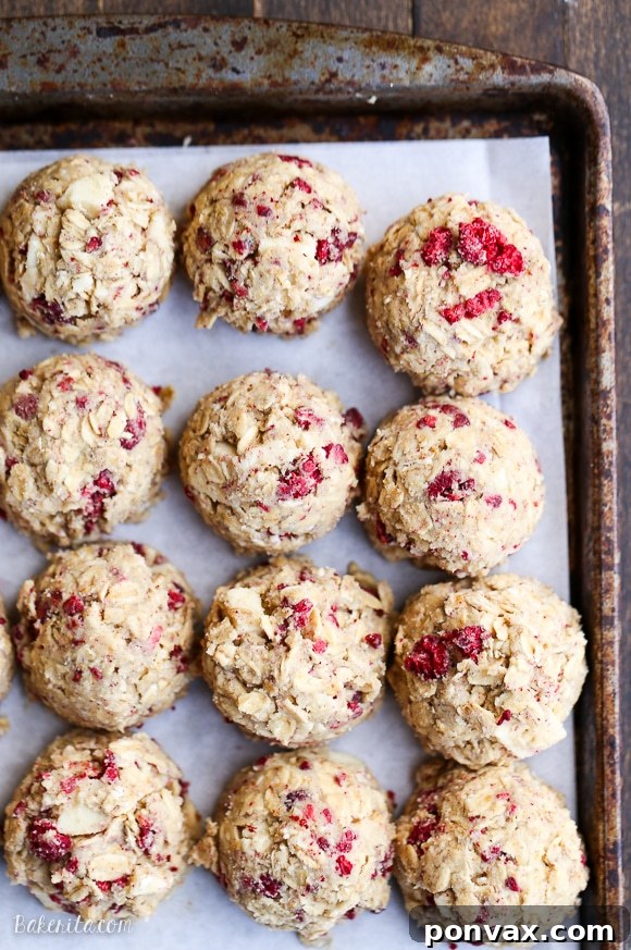 White Chocolate Raspberry Oat Delights 5 A tray of unbaked Raspberry White Chocolate Oatmeal Cookie dough balls ready for the oven or chilling.