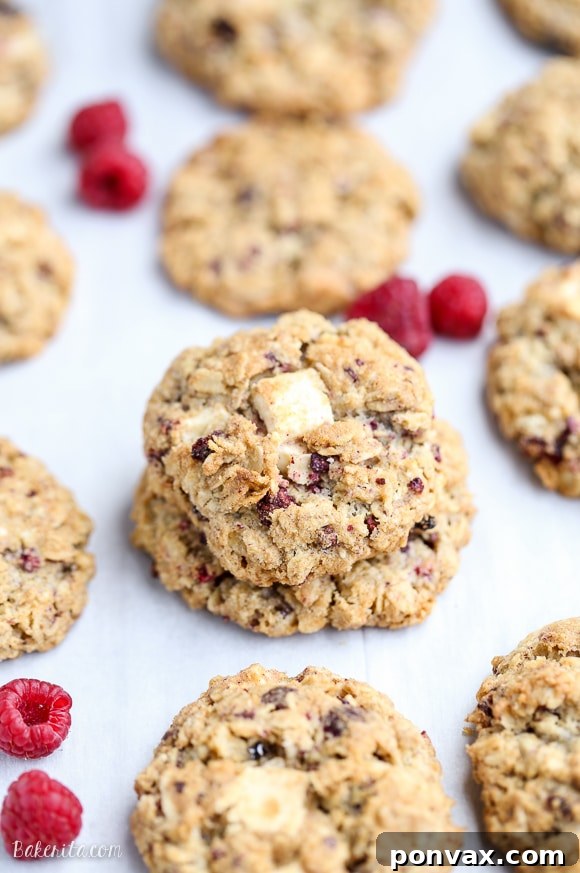 White Chocolate Raspberry Oat Delights 6 A close-up of a baked Raspberry White Chocolate Oatmeal Cookie showing the melted white chocolate chunks and bits of freeze-dried raspberries.