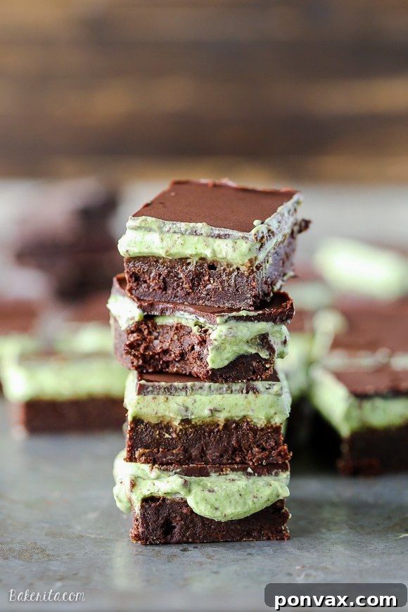 Rich and fudgy Mint Chocolate Chip Brownies with a vibrant green mint chocolate chip topping, presented as a healthy, gluten-free, and Paleo-friendly dessert.