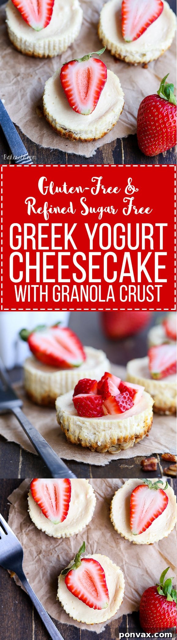 These Greek Yogurt Cheesecakes are smooth and creamy with a bit of tanginess and a crunchy granola crust. These gluten-free cheesecakes were delicious for breakfast topped with fresh berries, and they're only 177 calories each!