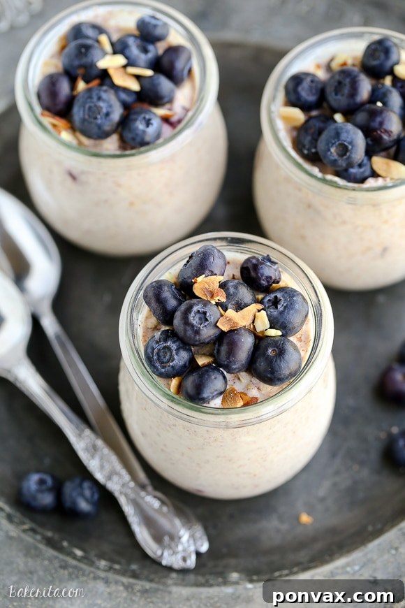 Blueberry Muffin Overnight Delight 2 Delicious Blueberry Muffin Overnight Oats in a jar, ready for a quick and healthy breakfast.