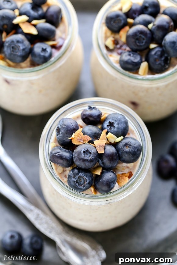 Blueberry Muffin Overnight Delight 5 Overhead shot of Blueberry Muffin Overnight Oats with a spoon, highlighting its texture.