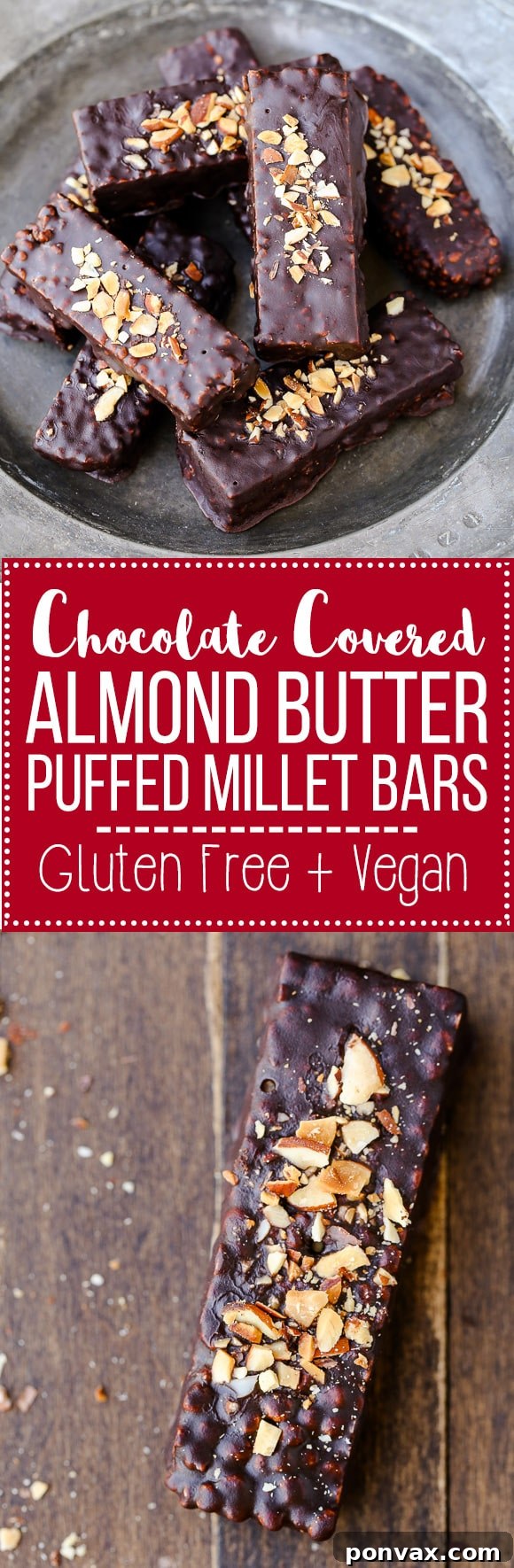 Wholesome Chocolate Almond Butter Puffed Millet Bars 8 These easy no-bake Chocolate Covered Almond Butter Puffed Millet Bars are the perfect breakfast treat or snack! This gluten free, refined sugar free, and vegan recipe has only seven ingredients.