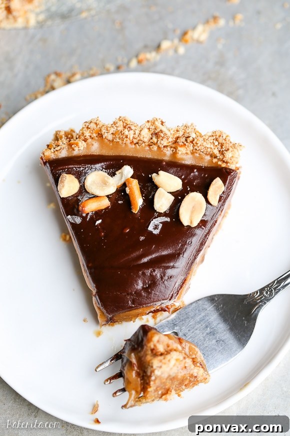 A top-down view of the whole Chocolate Peanut Butter Tart garnished with peanuts, pretzels, and flaky sea salt. The tart is gluten-free and vegan.