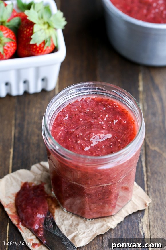 Vibrant Strawberry Rhubarb Chia Jam 2 Homemade Strawberry Rhubarb Chia Jam, fresh and vibrant, made without pectin using chia seeds for a healthy, refined sugar-free, vegan, and paleo-friendly spread.