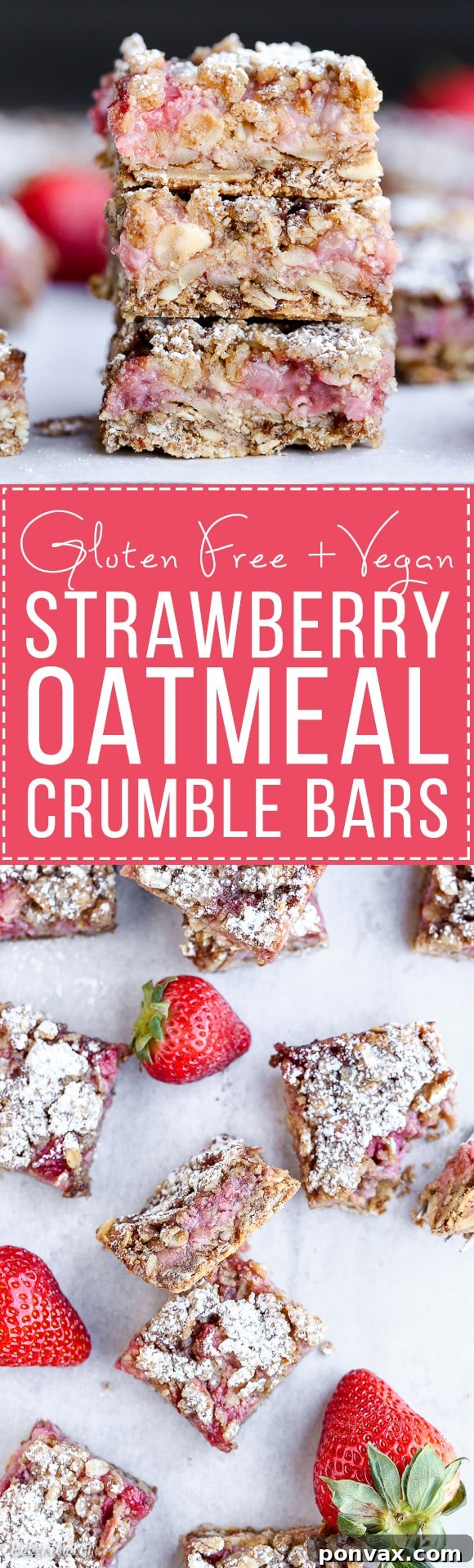 These Strawberry Oatmeal Crumble Bars feature fresh strawberries and an oatmeal crumb crust that doubles as the crumble topping! This quick and easy recipe is gluten-free and vegan.