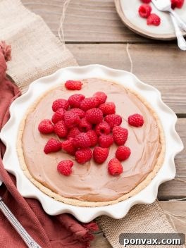 This Paleo Fresh Raspberry French Silk Pie has an almond flour crust filled with a super creamy chocolate pie filling. Fresh raspberries add brightness to this rich dessert.