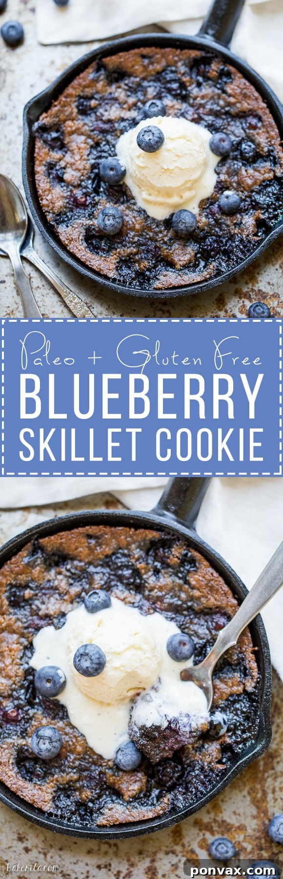 A close-up shot of the entire Blueberry Skillet Cookie in the cast iron pan, showing the rich, golden color and the glistening, juicy blueberries.