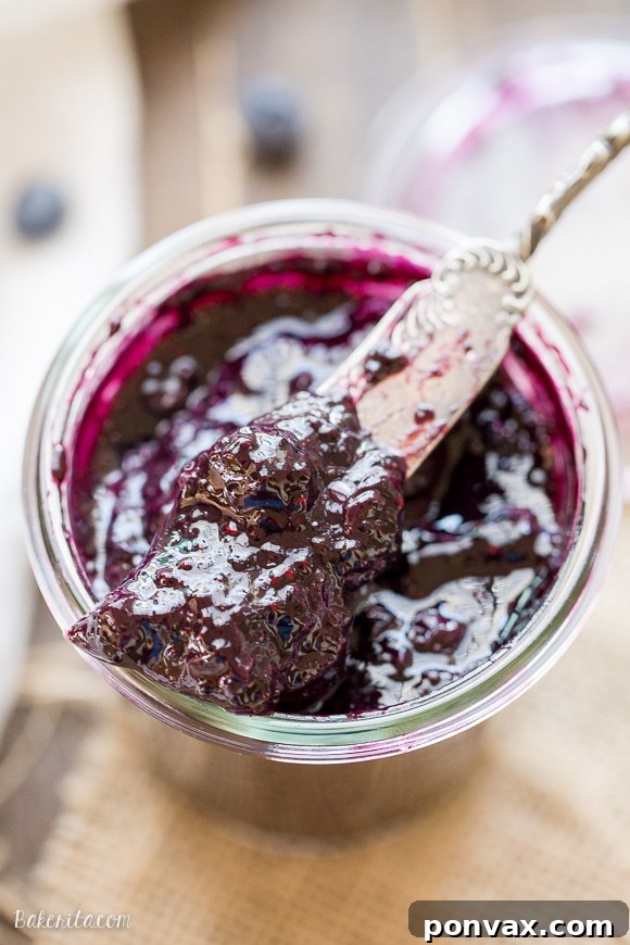 Freshly made blueberry chia jam in a jar, showcasing its rich purple color and rustic texture, perfect for healthy breakfasts.