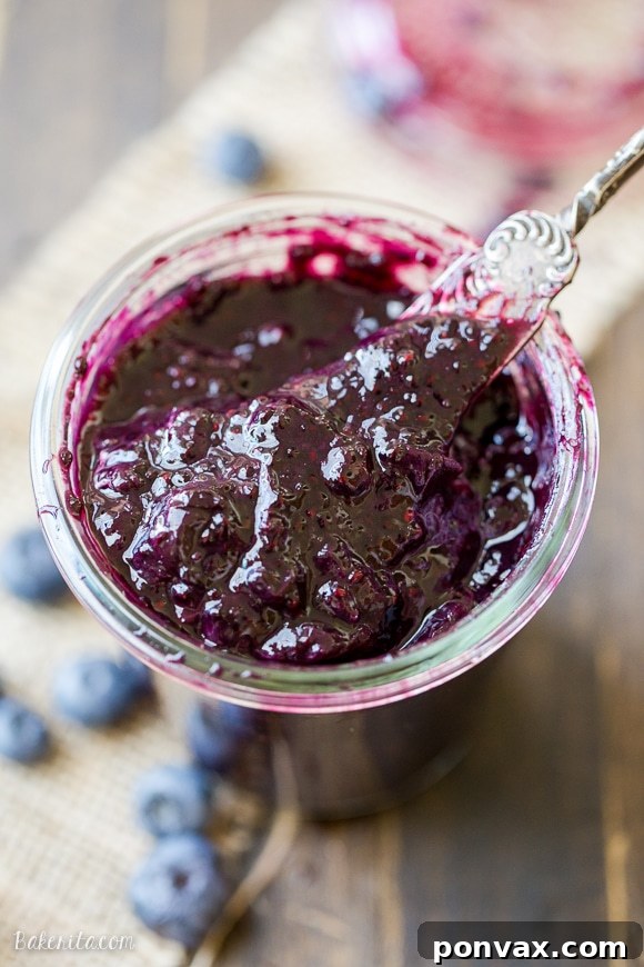 Ingredients for blueberry chia jam laid out: fresh blueberries, maple syrup, chia seeds, lemon, and cinnamon stick.
