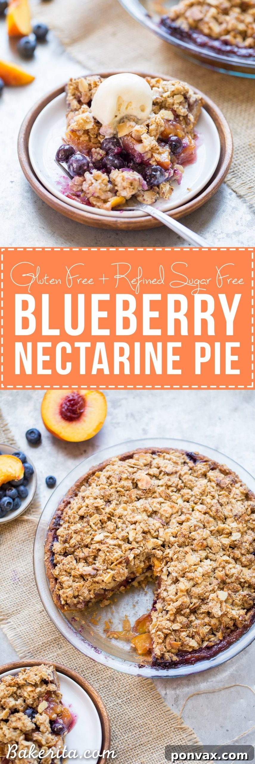 Sweet Freedom Blueberry Nectarine Almond Crumble Pie 8 This Blueberry Nectarine Pie is the epitome of summer, and it has a delicious oatmeal almond crumble on top! This gluten free and refined sugar free pie is sure to be a favorite.