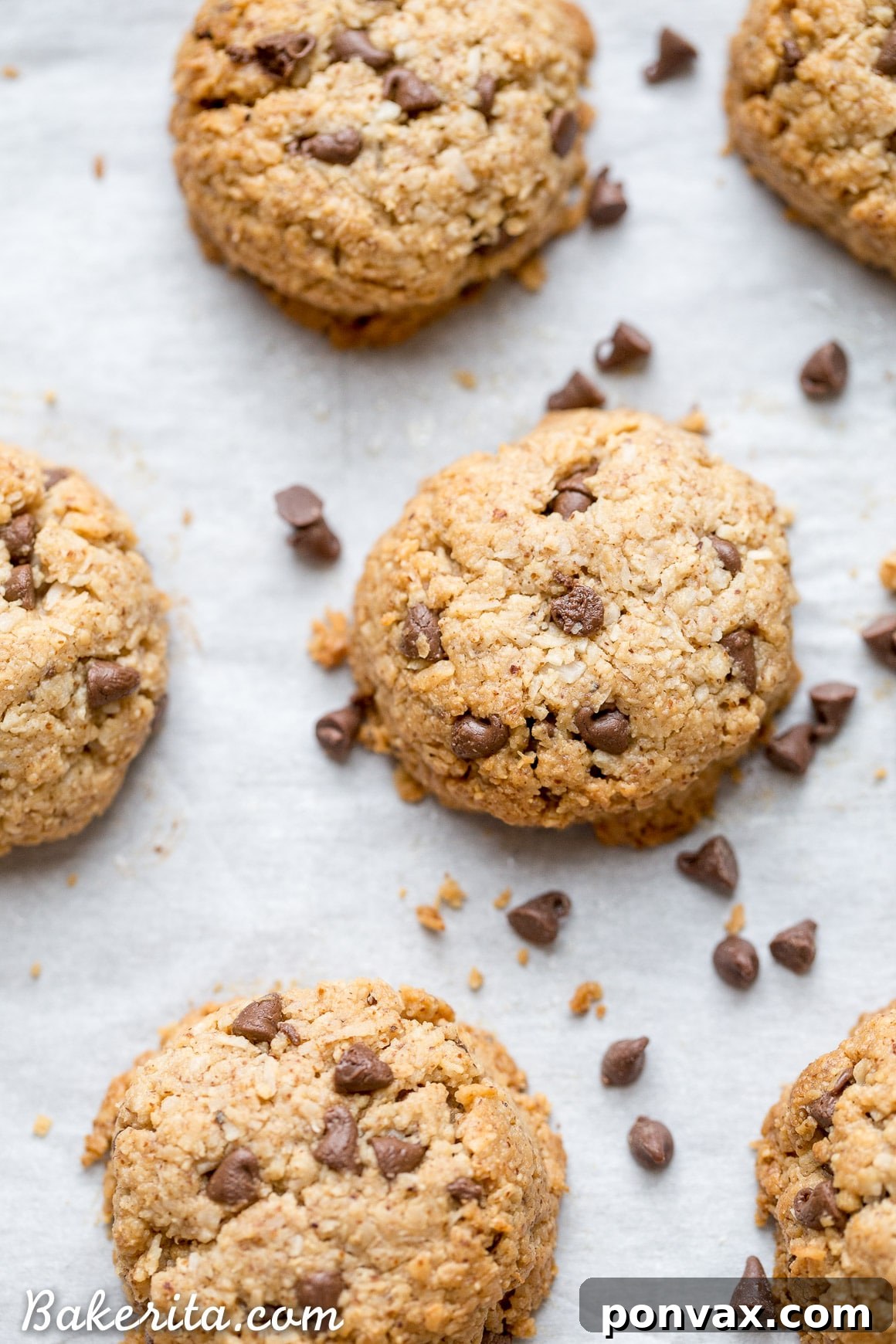 Close-up of a stack of healthy chocolate chip macaroons, showing their rich texture and mini chocolate chips