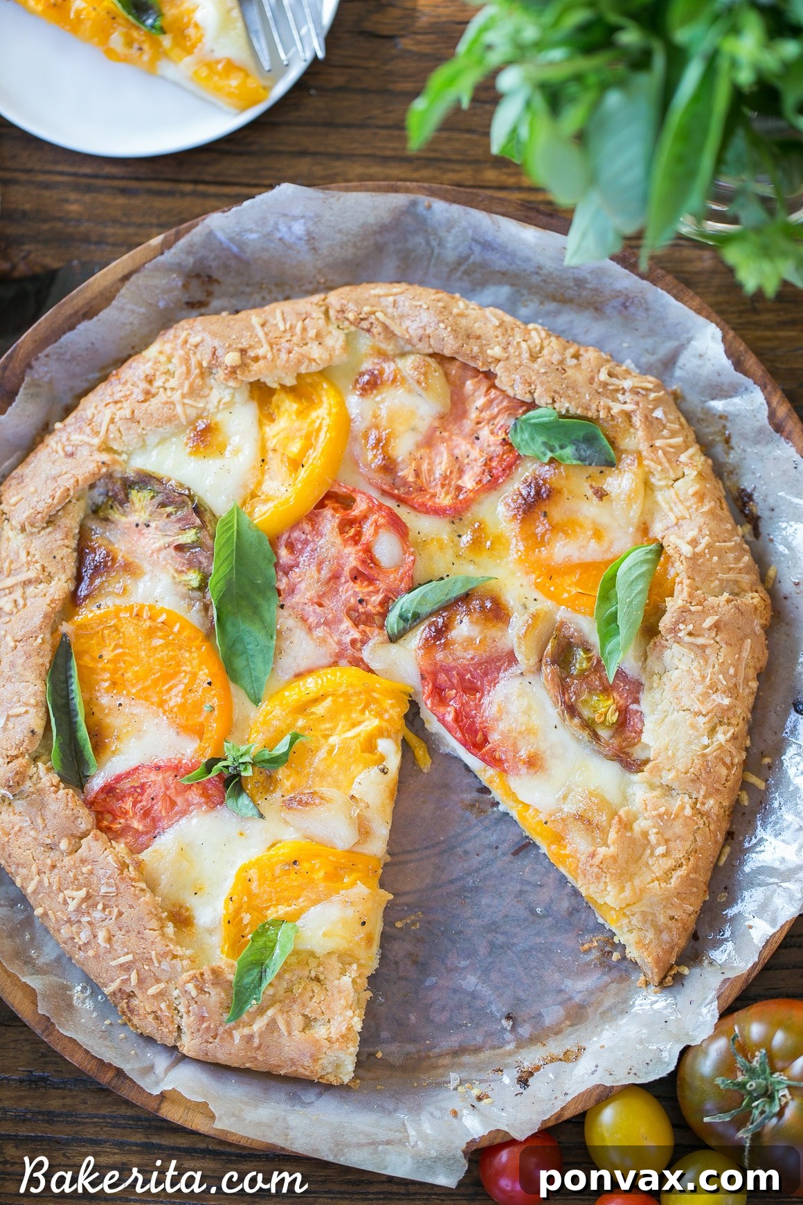 Rustic Gluten-Free Tomato Mozzarella Galette with a Golden Parmesan Crust 3 Close-up of a golden-brown Mozzarella Heirloom Tomato Galette, showing the crispy Parmesan crust and the rich, bubbly filling of heirloom tomatoes and mozzarella.