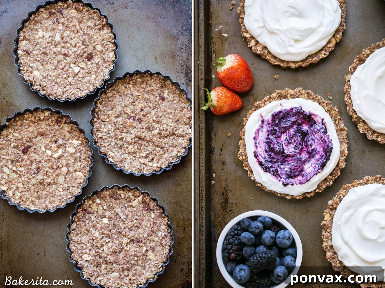 Close-up shot of a Granola Crust Breakfast Tart, showcasing the golden granola crust, creamy Greek yogurt, and colorful fresh berries. A perfect gluten-free and refined sugar-free breakfast.