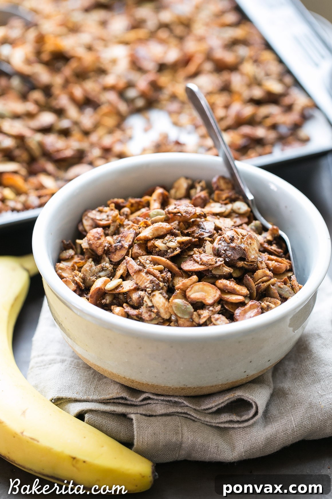 Wholesome Banana Almond Grain Free Granola 4 This Banana Almond Butter Grain Free Granola is a crunchy + filling snack, made without any grains or refined sugars! It makes the perfect yogurt or smoothie bowl topping, or just grab a handful to hold you over until your next meal.
