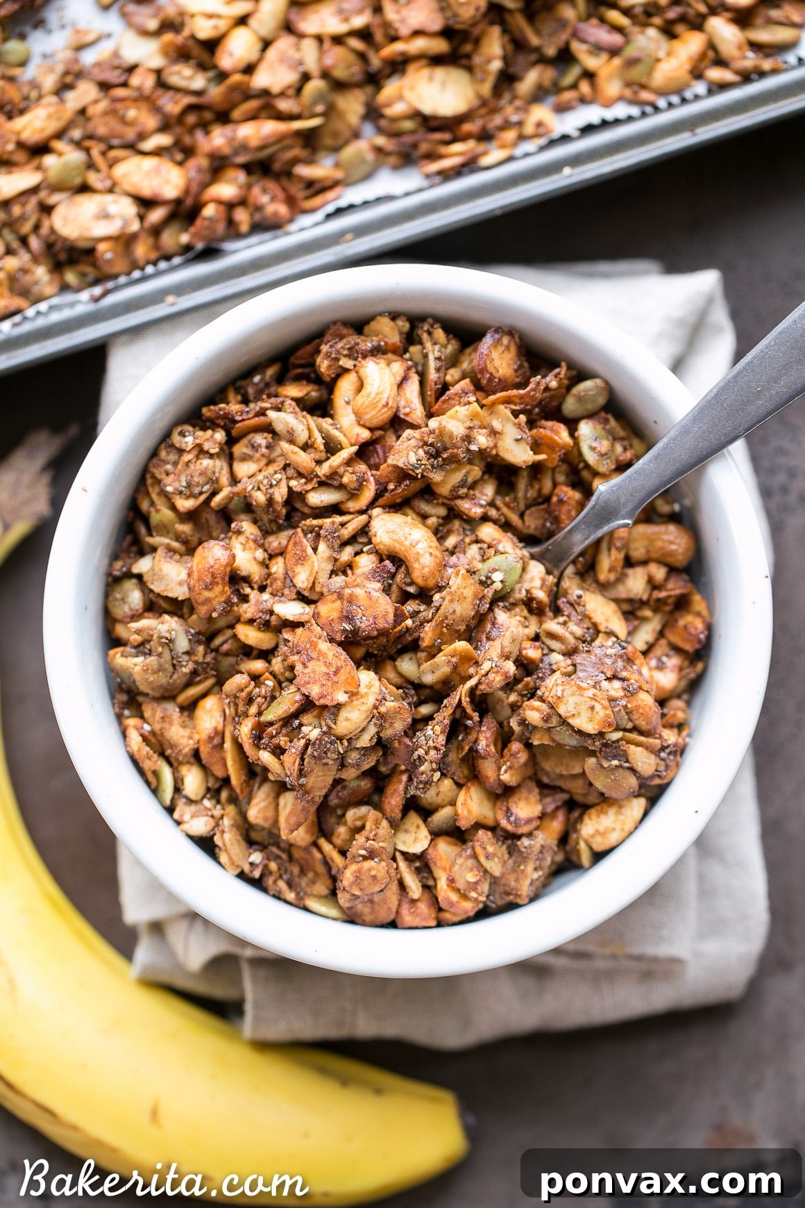 Wholesome Banana Almond Grain Free Granola 5 This Banana Almond Butter Grain Free Granola is a crunchy + filling snack, made without any grains or refined sugars! It makes the perfect yogurt or smoothie bowl topping, or just grab a handful to hold you over until your next meal.