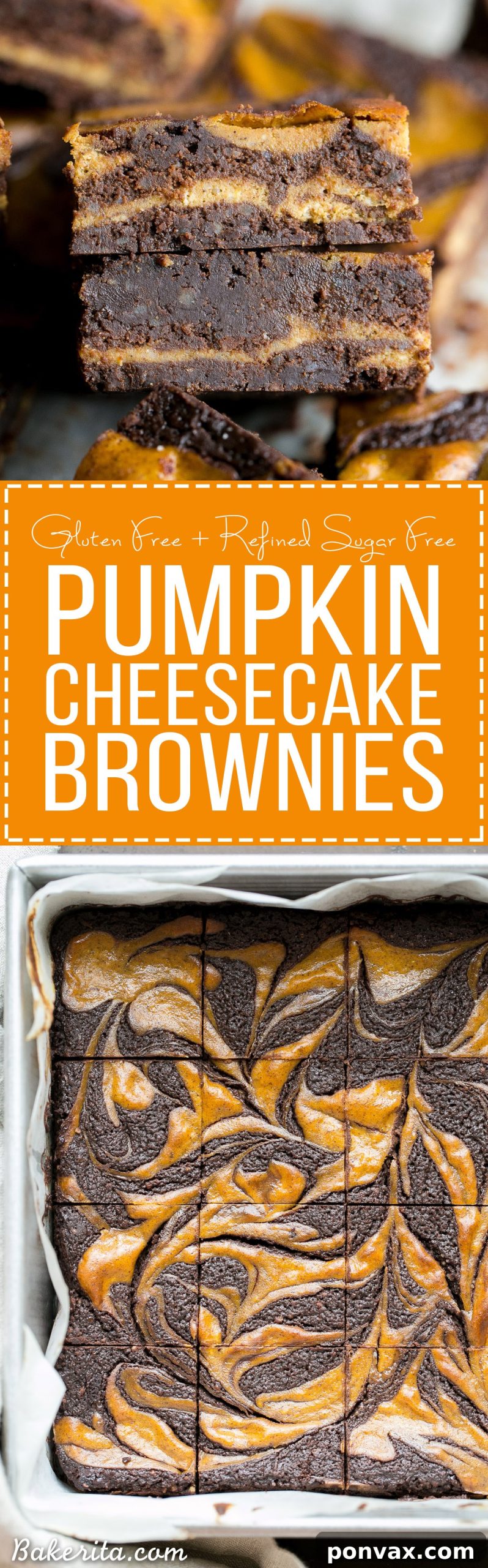 Decadent Gluten-Free Pumpkin Cheesecake Brownies 9 These Pumpkin Cheesecake Brownies are moist + fudgy brownies with a swirled layer of spiced pumpkin cheesecake! These brownies are gluten-free and refined sugar free.