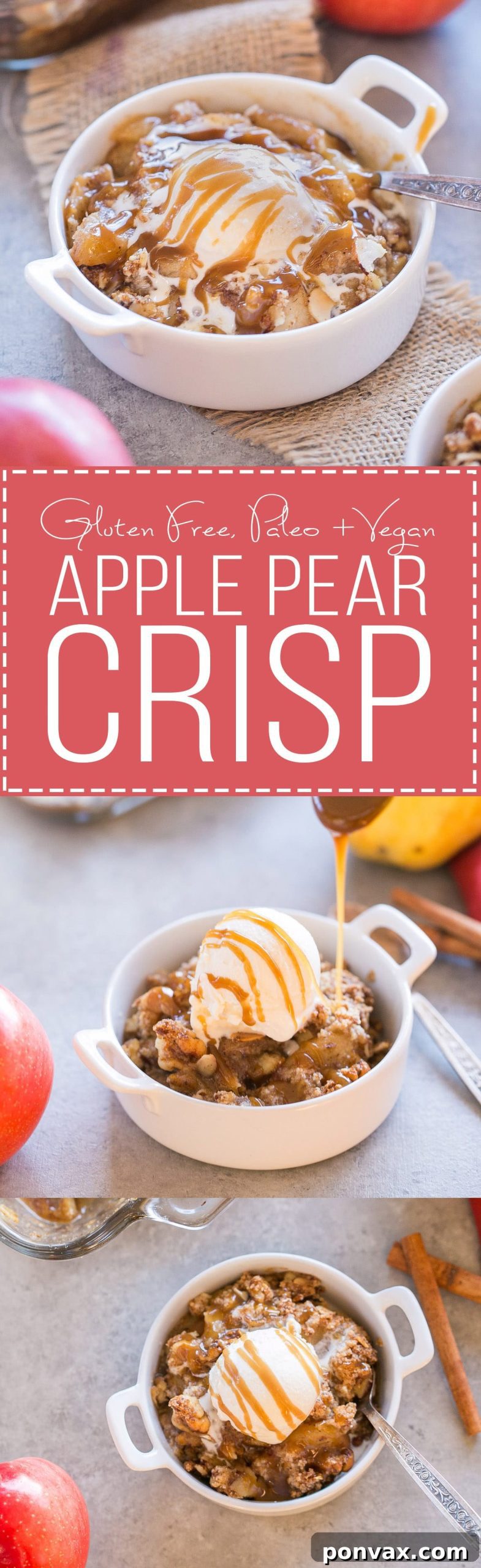 This Pear Apple Crisp combines two of the best fall fruits into one delicious crisp, flavored with vanilla, cinnamon and ginger and topped with a grain-free crumble topping. This crisp is gluten-free, Paleo, and vegan.