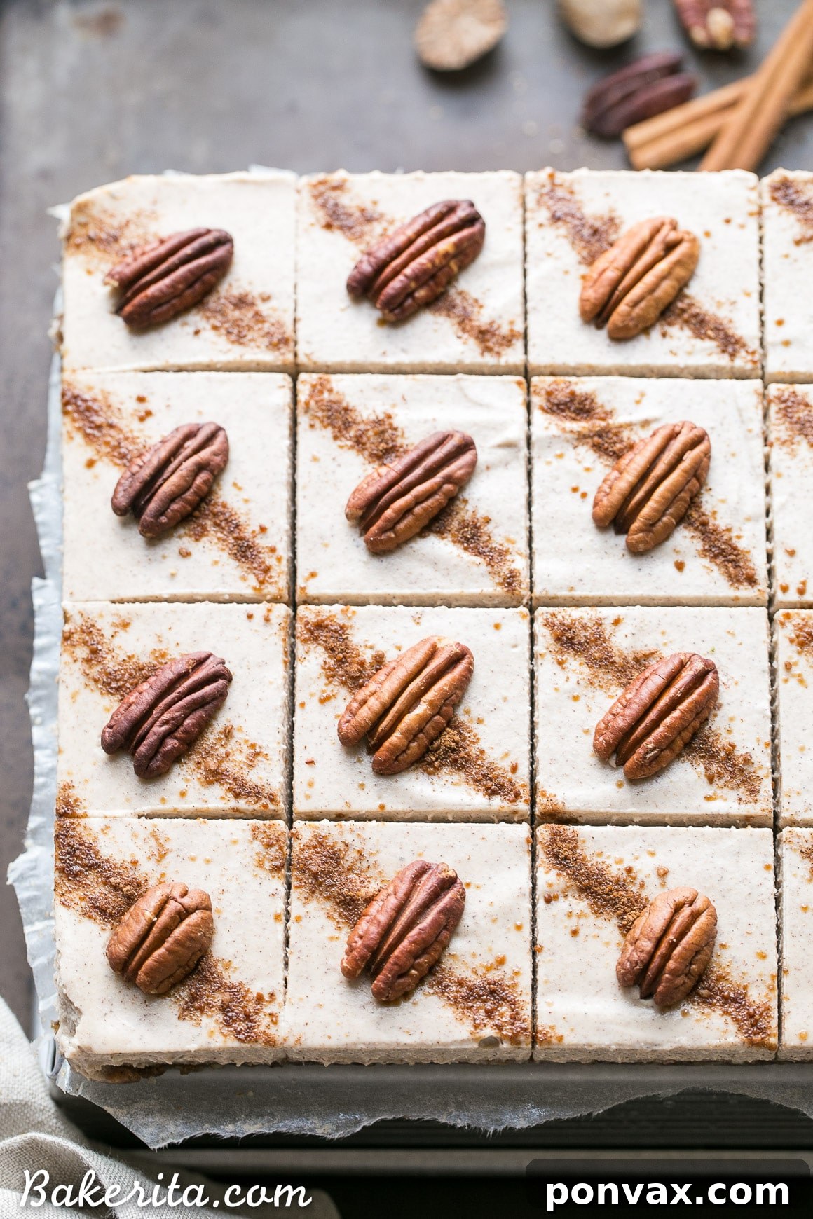 Delicious Chai Cheesecake Bars with a visible pecan date crust