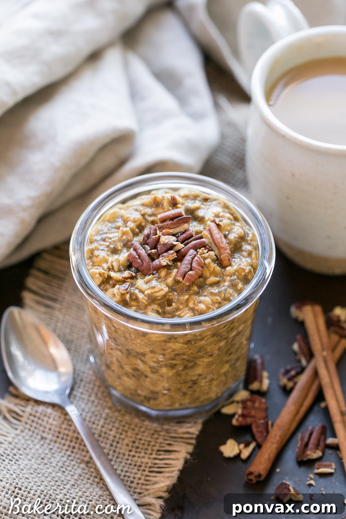 Autumn Spiced Latte Overnight Oats 3 Close-up of a jar of Pumpkin Spice Latte Overnight Oats, showing the rich texture and festive topping.