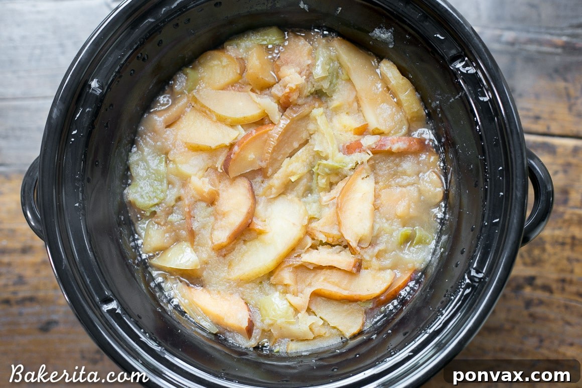 Naturally Sweet Slow Cooker Apple Butter 6 Softened apples after slow cooking, ready for blending into smooth apple butter.