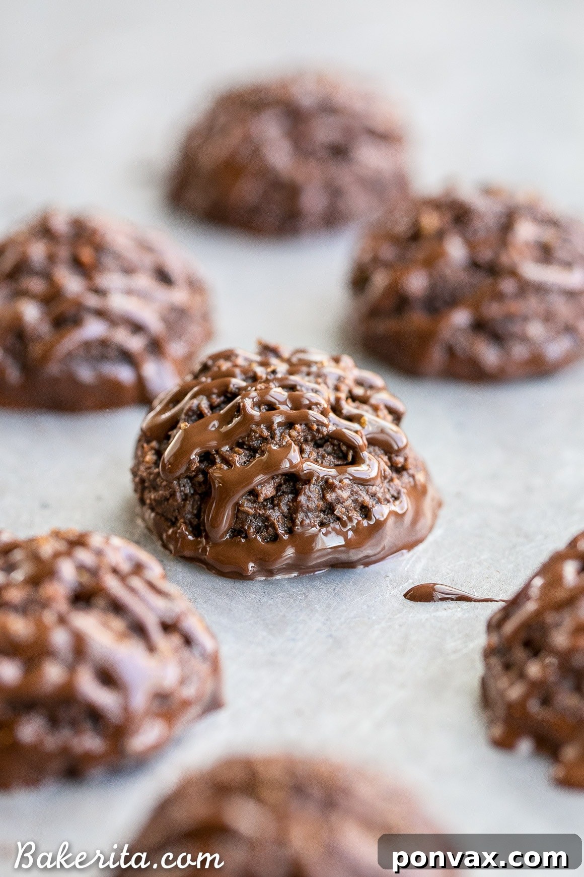 Plate of finished Double Chocolate Macaroons, dipped and drizzled with chocolate, ready to be enjoyed as a vegan, gluten-free, and Paleo dessert.