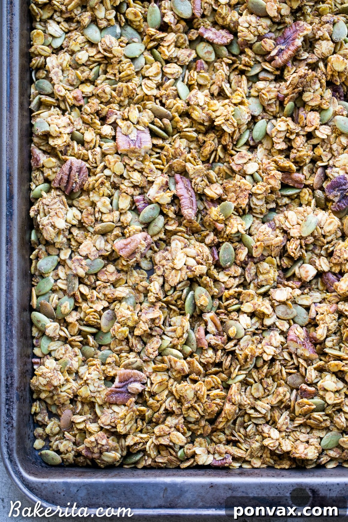 Close-up of crunchy Pumpkin Granola, highlighting the texture of oats, chopped pecans, and vibrant green pepitas.