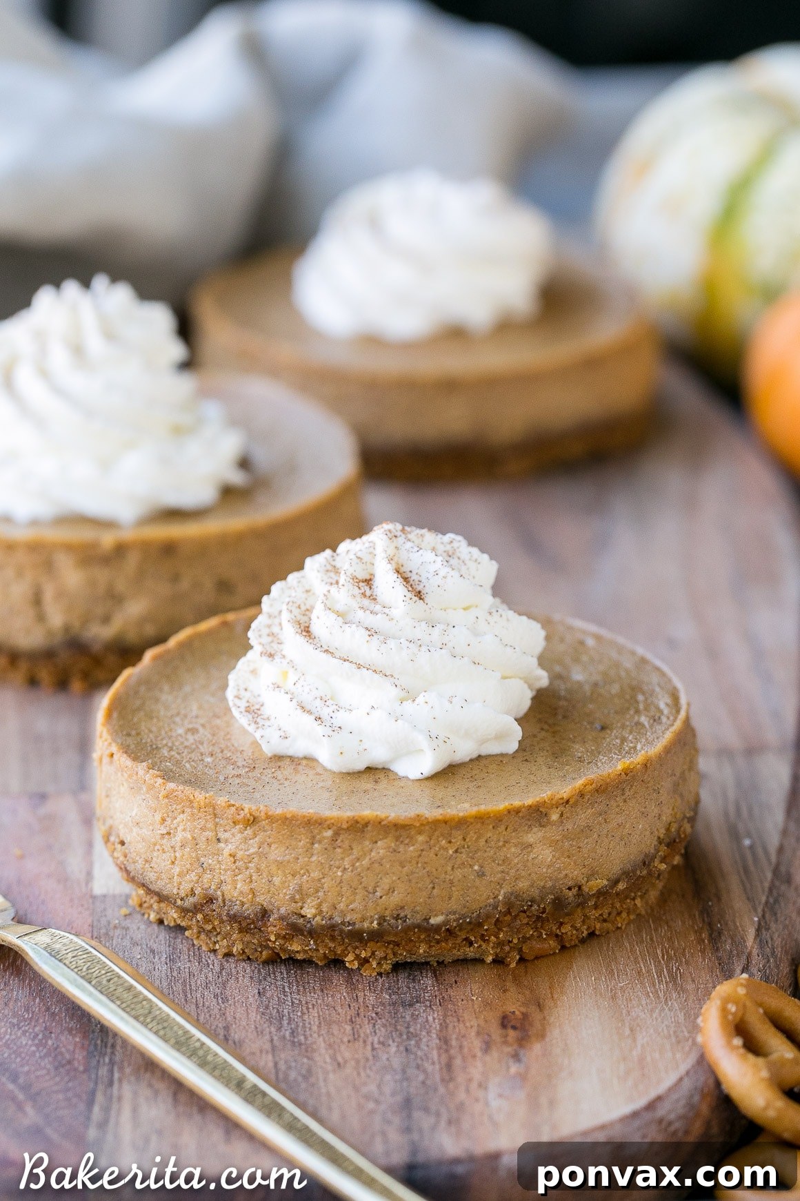 These Mini Pumpkin Cheesecakes have a crunchy, salty pretzel crust that pairs irresistibly well with the spiced pumpkin cheesecake filling! Topped with a swirl of whipped cream, this is a gluten-free dessert everyone will go nuts for - it's perfect for the holidays.