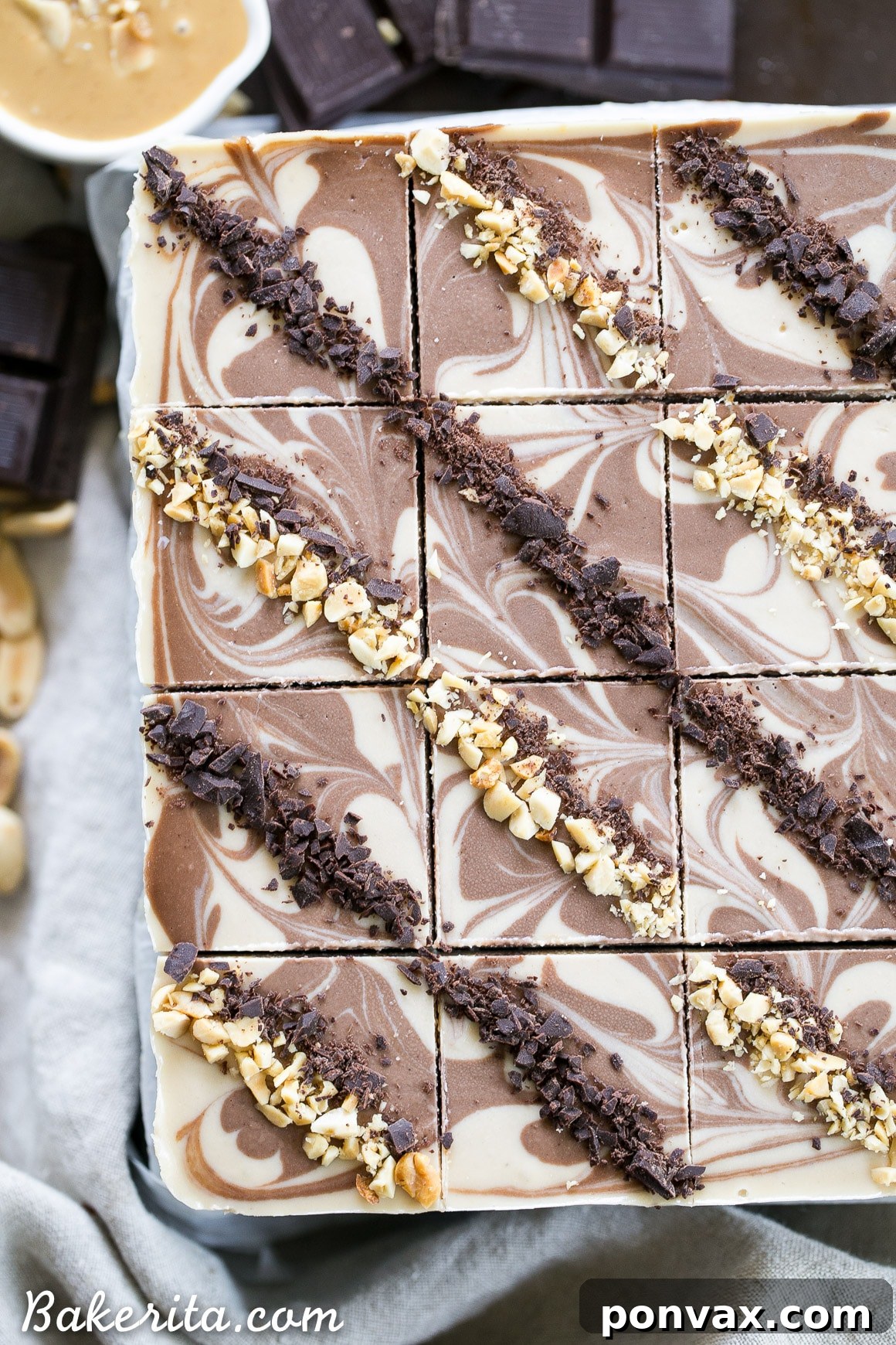 Vegan Chocolate Peanut Butter Dream Bars 3 Close-up of a chocolate peanut butter cheesecake bar showing its layers