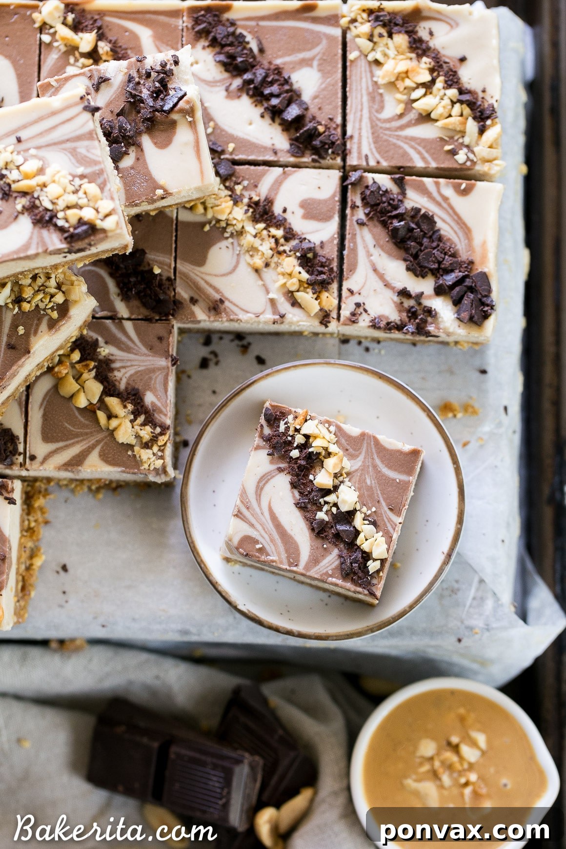 Vegan Chocolate Peanut Butter Dream Bars 5 A tray of No-Bake Chocolate Peanut Butter Cheesecake Bars being chilled