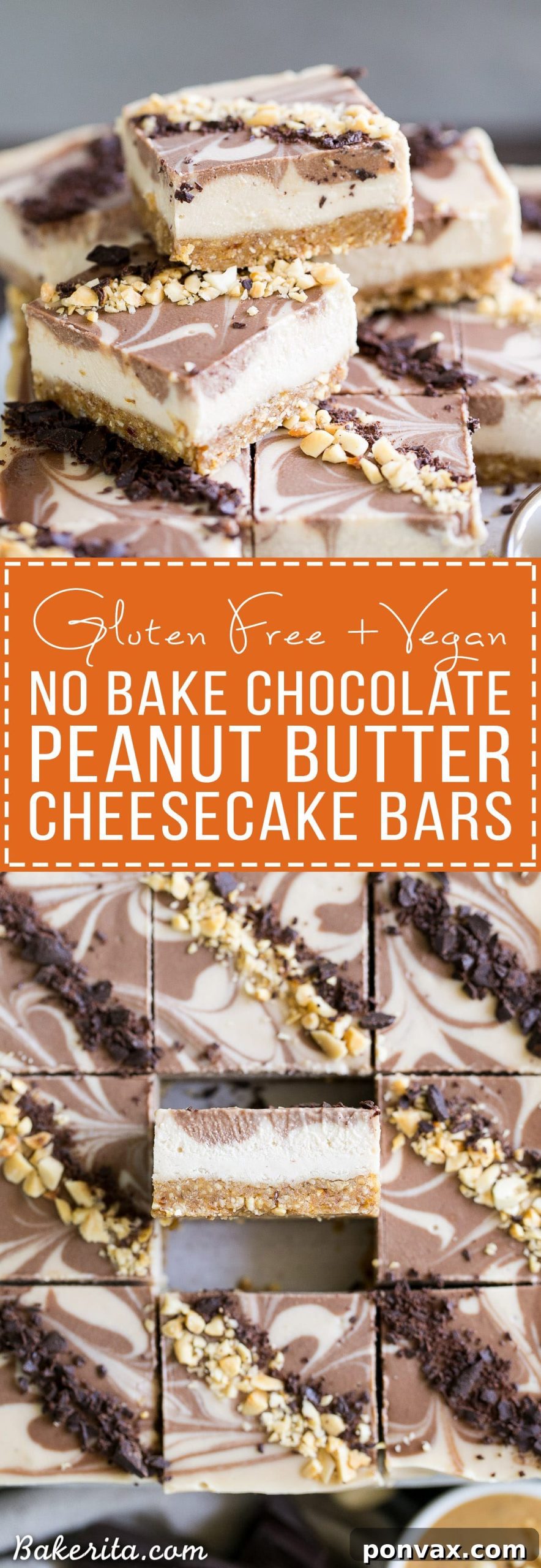 Vegan Chocolate Peanut Butter Dream Bars 8 A top-down shot of No-Bake Chocolate Peanut Butter Cheesecake Bars