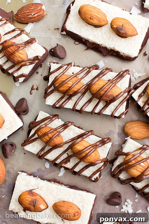 Easy 5-ingredient Paleo Almond Joy, a vegan, gluten-free, and dairy-free homemade candy. Skip almonds for a Mounds Bar.