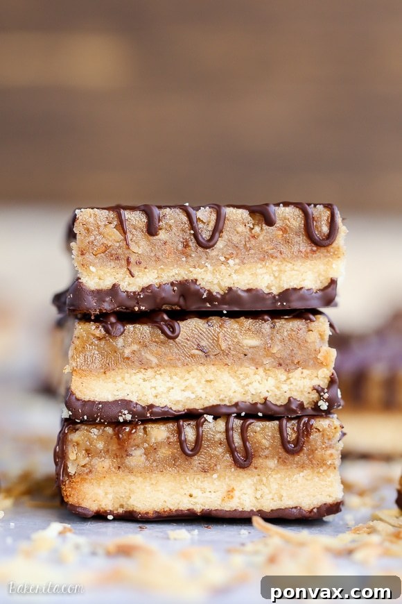 Delicious Homemade Samoa Bars, a gluten-free, Paleo, and vegan treat that tastes just like the classic Girl Scout Cookie.