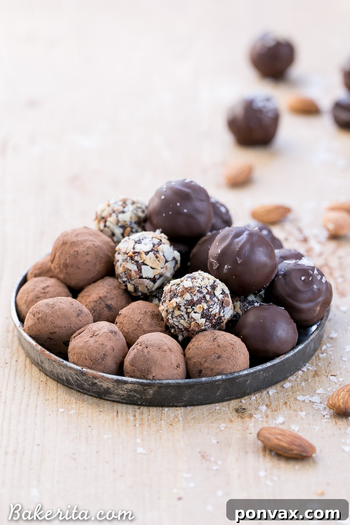 Sea Salt Almond Chocolate Delights 2 Rich Salted Almond Chocolate Truffles with a sprinkle of sea salt and toasted almonds, perfect for a paleo and vegan treat or holiday gift.