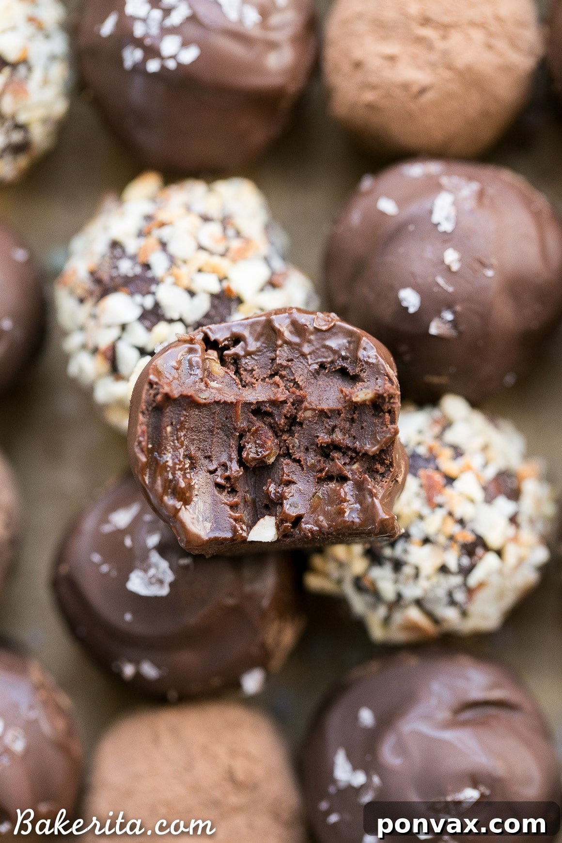 Sea Salt Almond Chocolate Delights 6 Beautifully coated Salted Almond Chocolate Truffles, ready for serving or gifting, with a focus on their various finishes.