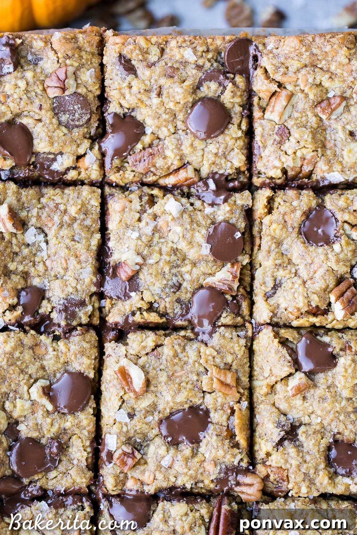 Thick, soft, and chewy Pumpkin Oatmeal Scotchie Bars with a perfect blend of pumpkin, spices, butterscotch, chocolate, and pecans.