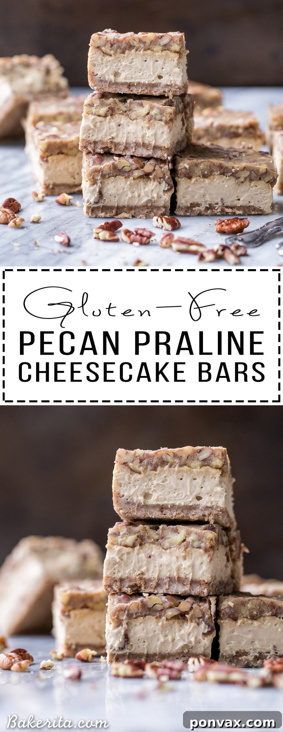 A beautifully composed shot of the finished Gluten Free Pecan Praline Cheesecake Bars recipe card image