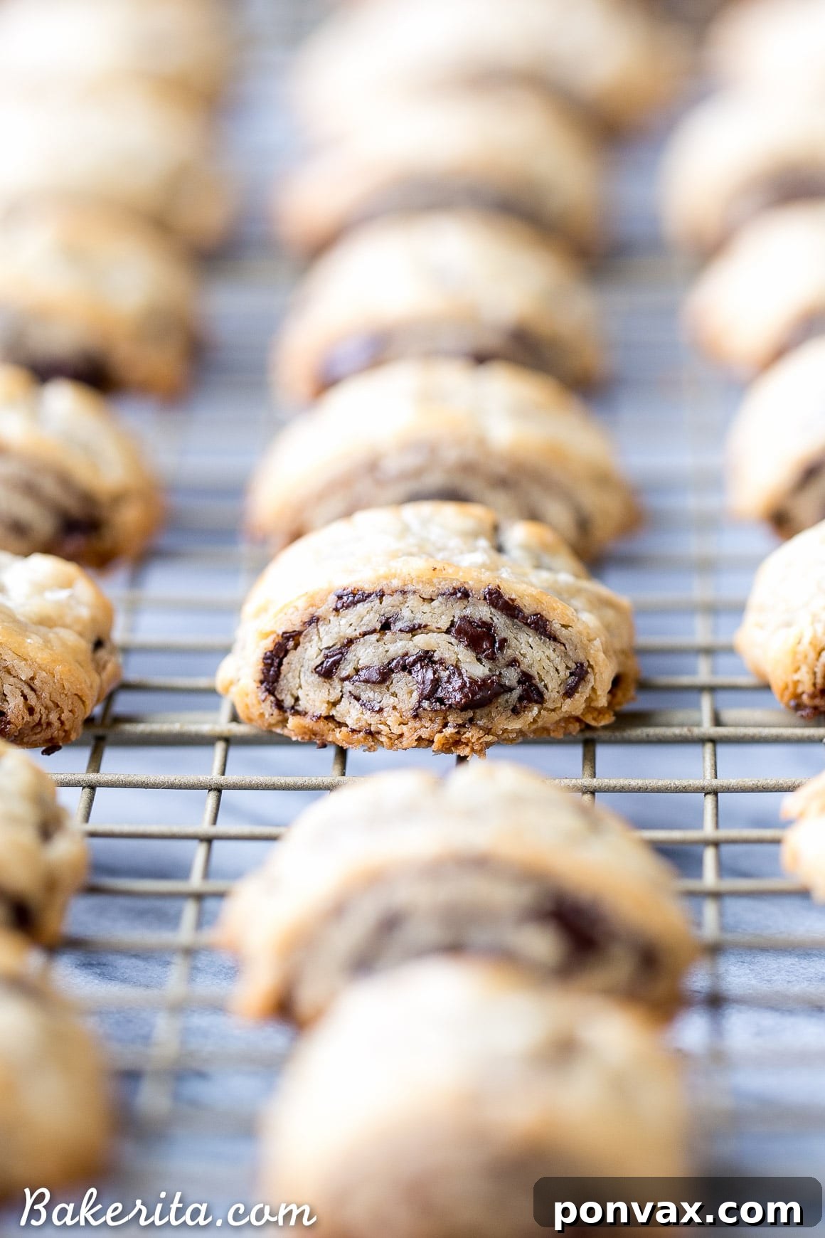 Freshly baked gluten-free chocolate rugelach arranged on a cooling rack, highlighting the rich chocolate peeking from the flaky cream cheese dough.